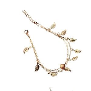 Foliage, Leaf Double Tassel Women’s Anklet, Gold Tone Fashion Jewelry